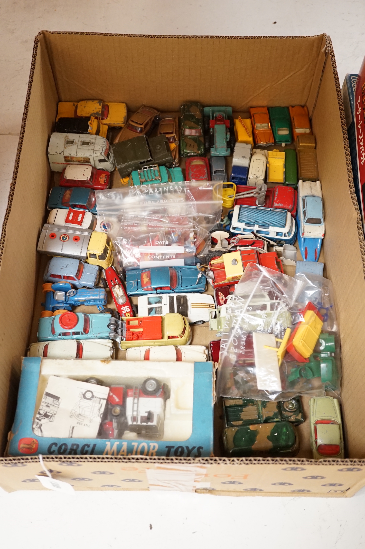A collection of 1960's and 70's Corgi and Matchbox diecast vehicles (70+) many for restoration, including two James Bond 007 Aston Martin DB5 cars in gold finish, a Chitty Chitty Bang Bang, a boxed Corgi Major Toys Holme